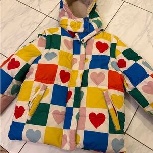 Boden Multicolor Heart Pattern Kids Puffer Jacket. Kids Convertible Jacket